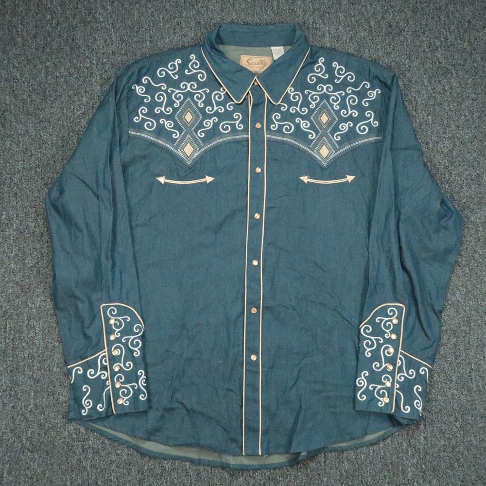 Scully‎ Shirt Mens XL Blue Western Pearl Snap Smile Pocket Cowboy Long Sleeve